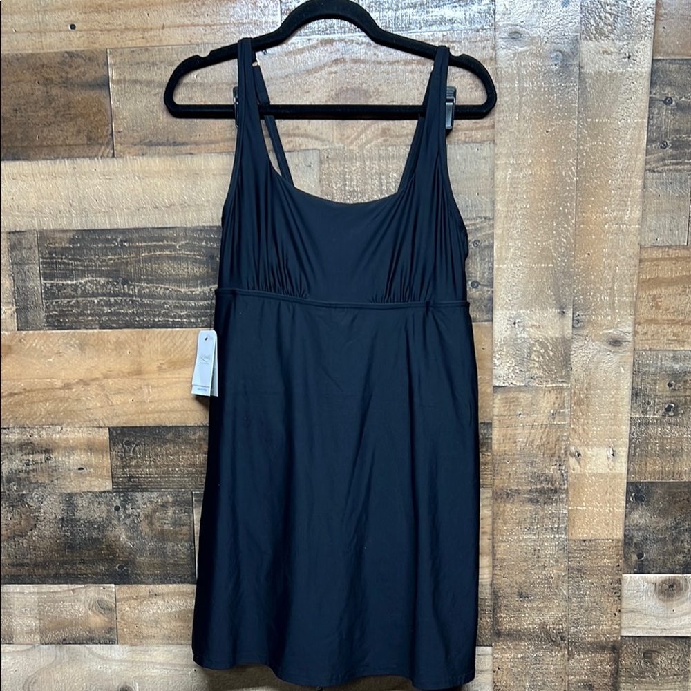 NWT Dolfin Swim AquaShape Solid Front Black Swim Dress Women's Size 12